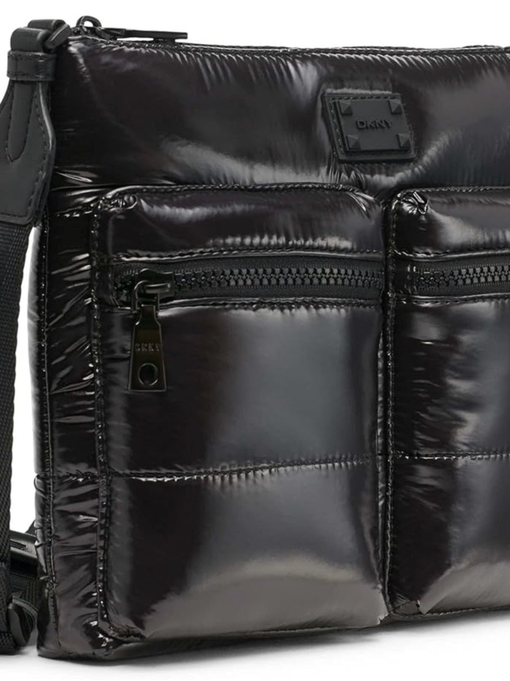 Dkny Glossy Black Quilted Puffer Messenger Bag
